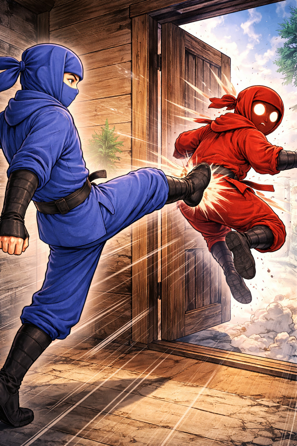 Blue ninja kicking out a red attacker through a door, illustrating removing threats in cybersecurity incident response