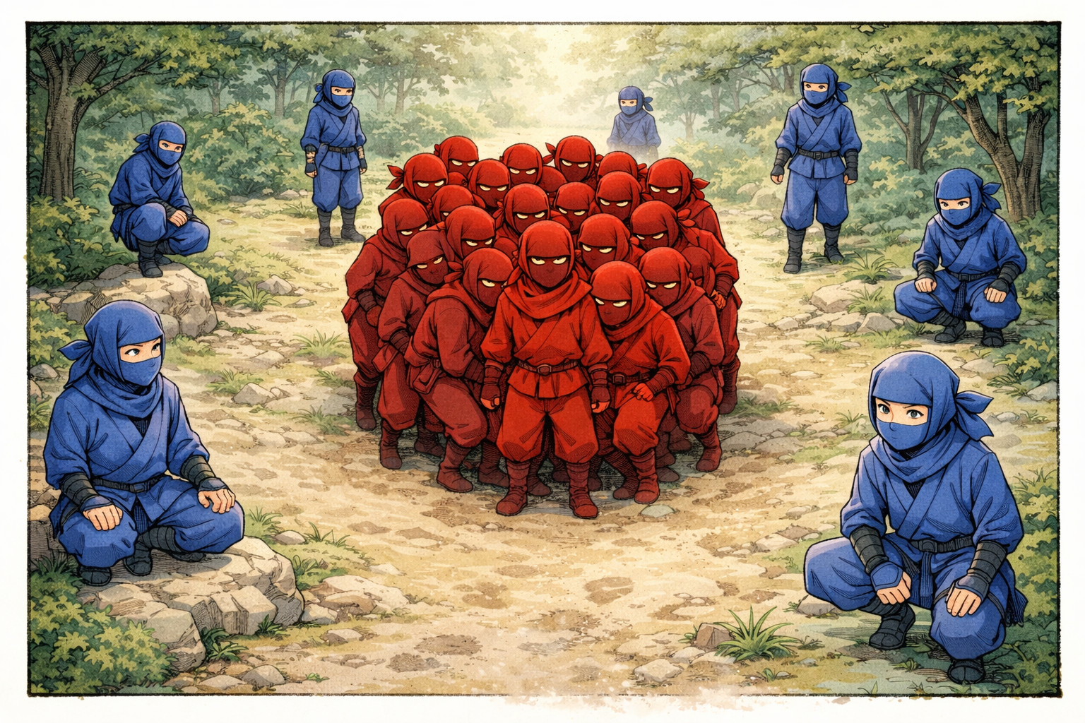 Cluster of red ninjas versus scattered blue ninjas illustrating high frequency events and threat concentration in incident response