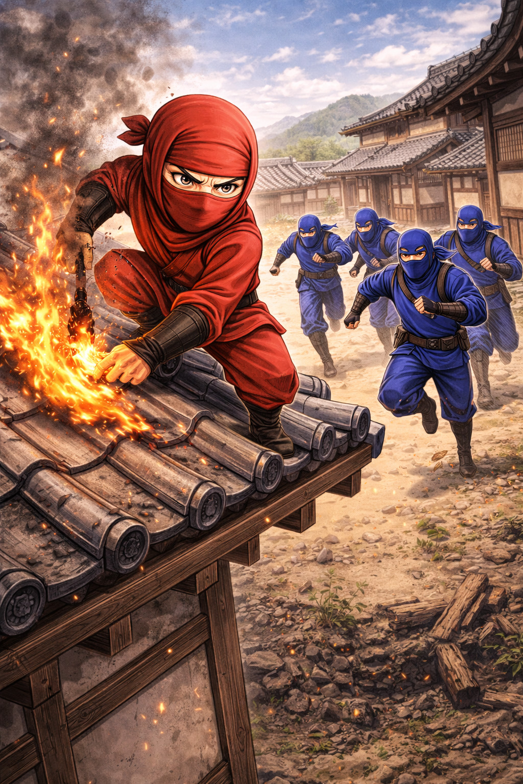 Red ninja starting a small fire on a rooftop while blue ninjas rush to respond illustrating early stage incident detection and response