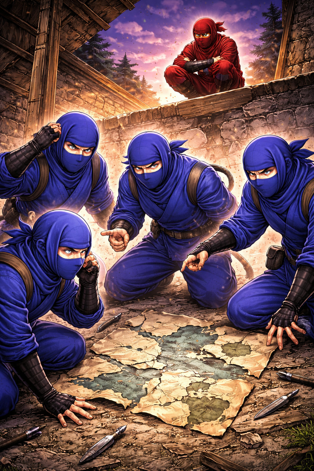 Blue ninjas planning strategy using a torn incomplete map illustrating partial visibility and unvalidated assumptions during incident response