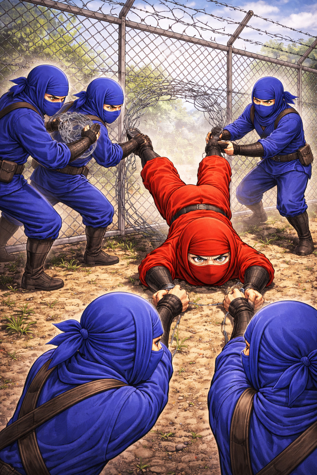 Blue ninjas stopping an intruder through a fence while repairing the breach illustrating incident response containment and intrusion prevention