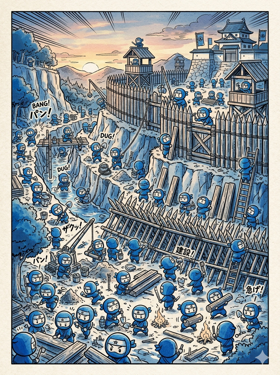 Blue ninjas building defenses like walls and moats illustrating infrastructure preparation before incident response