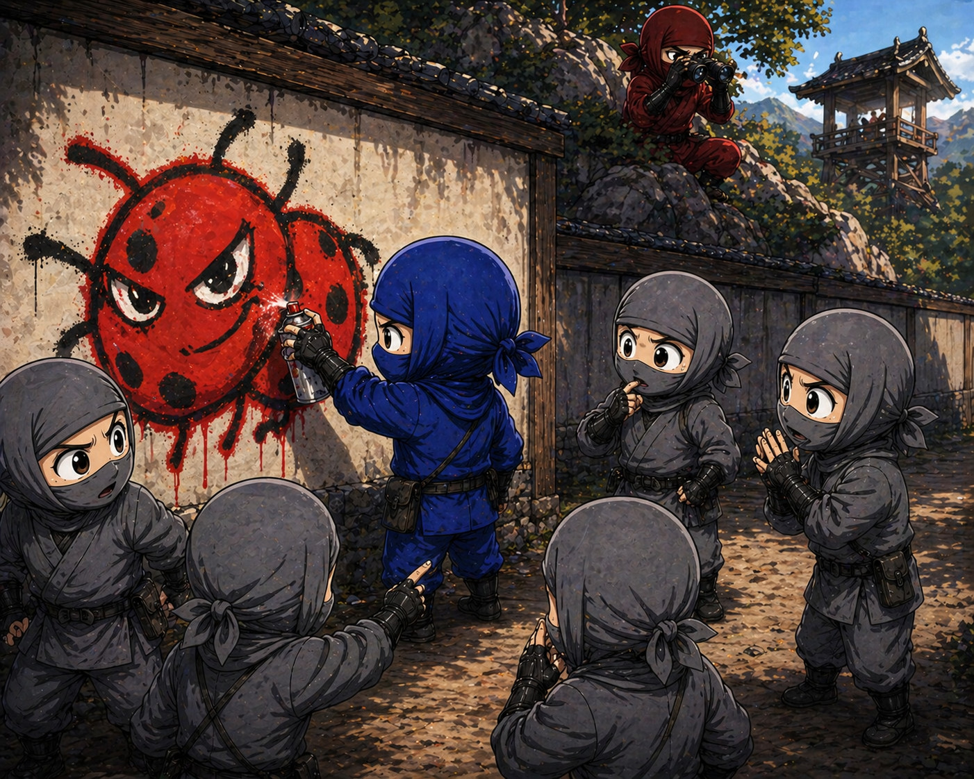 Blue ninja marking malware alert while gray ninjas discuss and red attacker observes from distance illustrating communication risks and information leakage during incident response