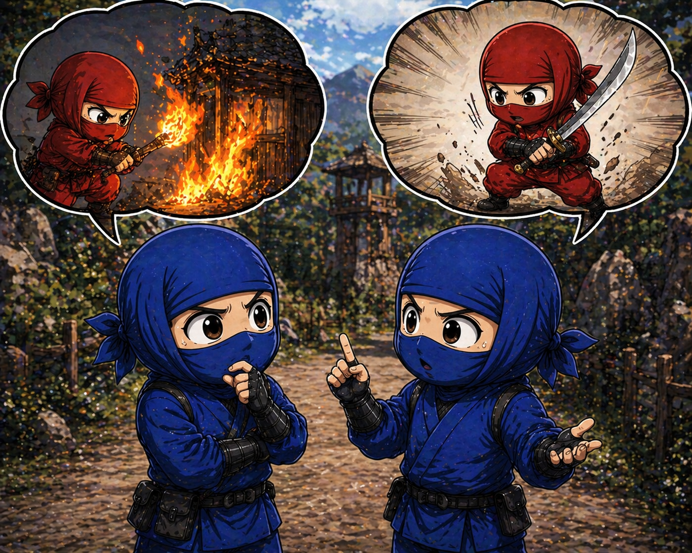 Two blue ninjas discussing different interpretations of a red attacker strategy illustrating analysis and interpretation differences in incident response