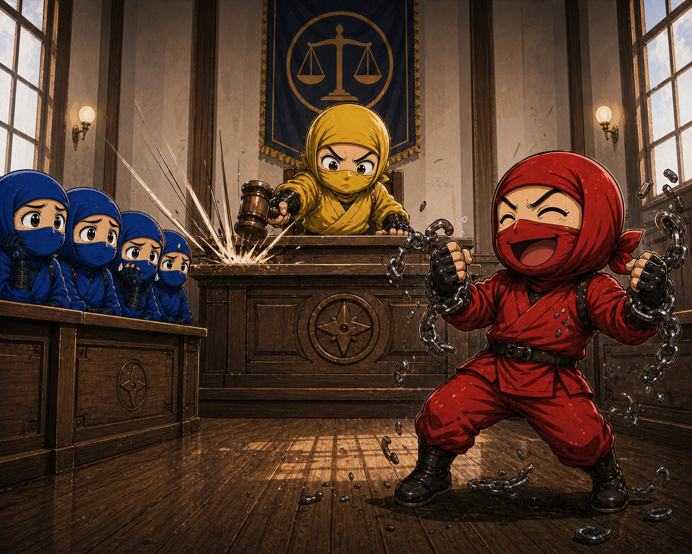 Courtroom scene showing yellow ninja judge enforcing decision while blue ninjas observe and red ninja breaks free from chains illustrating legal authority influencing incident response outcomes