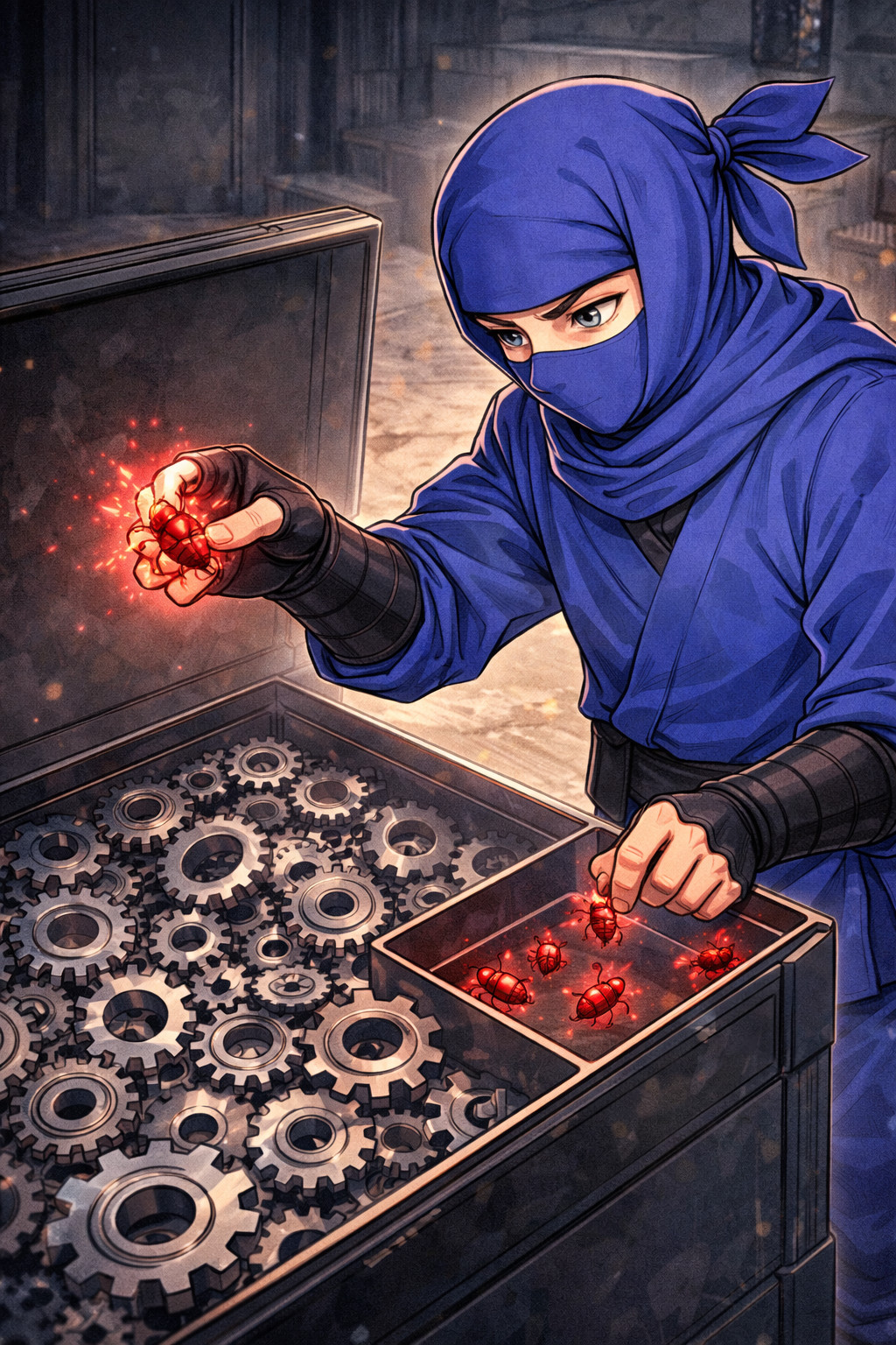 Blue ninja filtering malicious bugs from gears illustrating process-based pivoting in incident response analysis