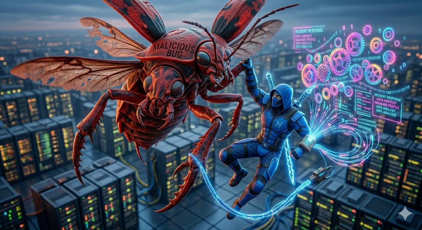 Blue ninja clinging to a flying malicious red bug to extract data, symbolizing rapid malware analysis to uncover attacker tactics during an incident response.
