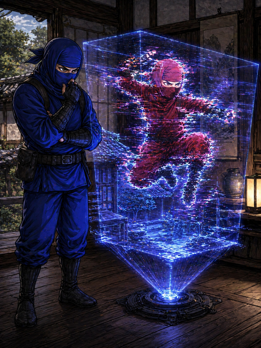Blue ninja analyzing a corrupted memory dump projection showing a distorted attacker illustrating powerful but unreliable forensic evidence in incident response