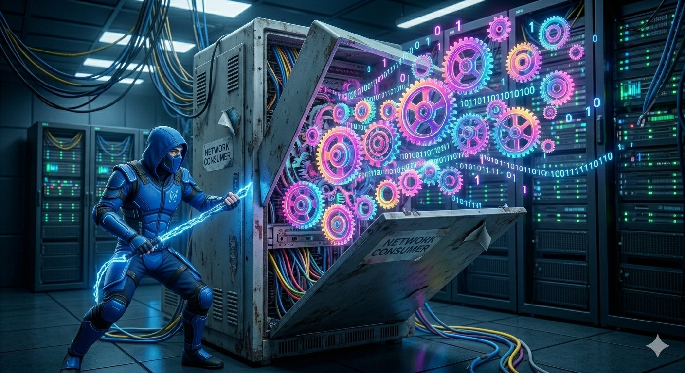 Blue ninja dissecting a live server to extract glowing internal gears, representing memory forensics tools used to catch active attackers present in the system's RAM.
