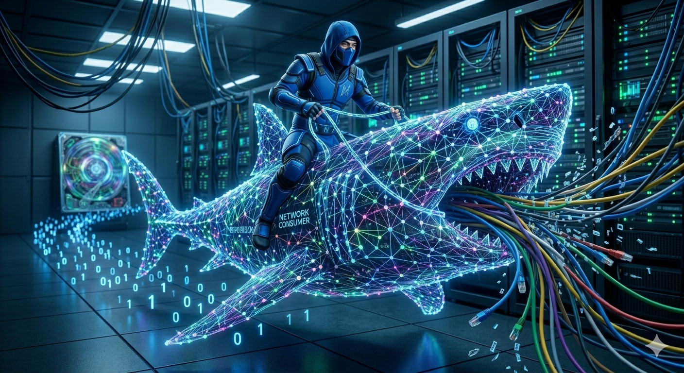 Blue ninja riding a wireframe network shark consuming data streams, illustrating the complexity of filtering and analyzing high-fidelity network traffic logs.