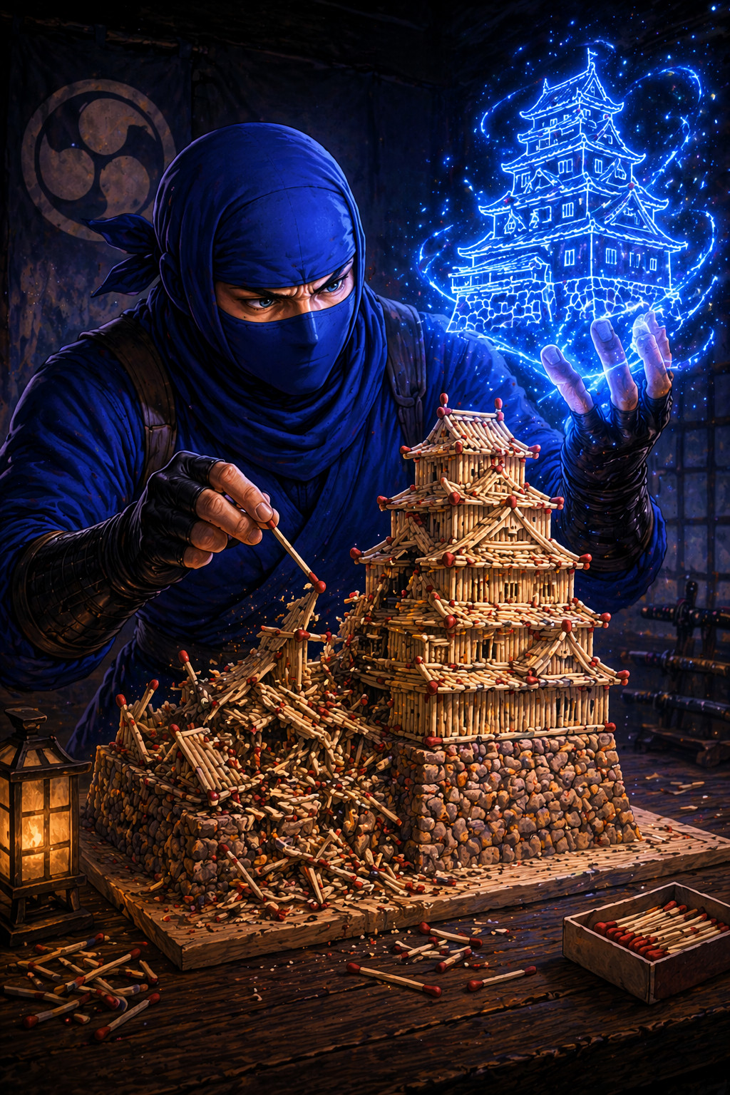Blue ninja rebuilding a matchstick castle while using magic to maintain defenses illustrating business continuity and disaster recovery PCA PRA