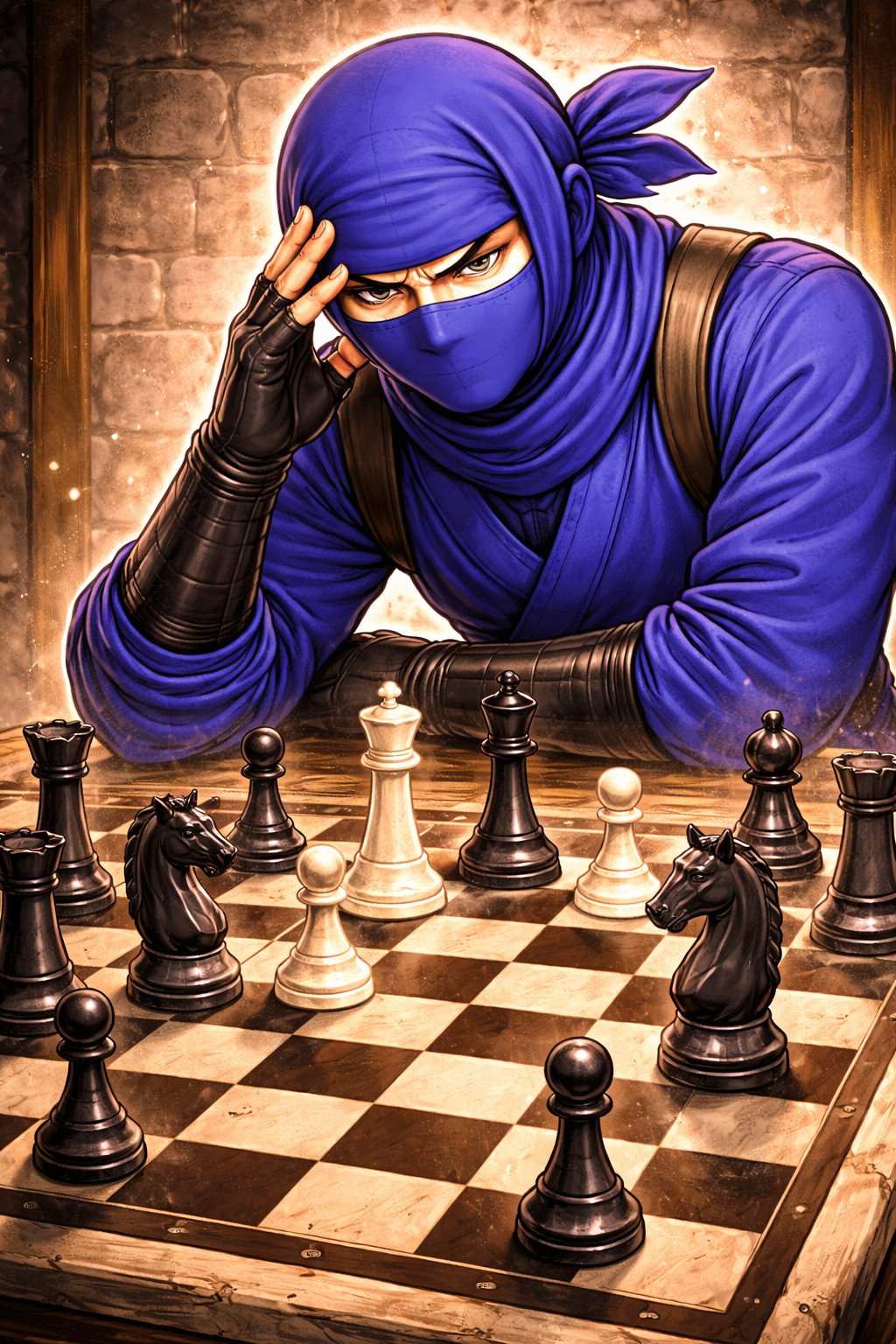 Blue ninja analyzing a chessboard to plan complex incident response playbook strategy and decision making