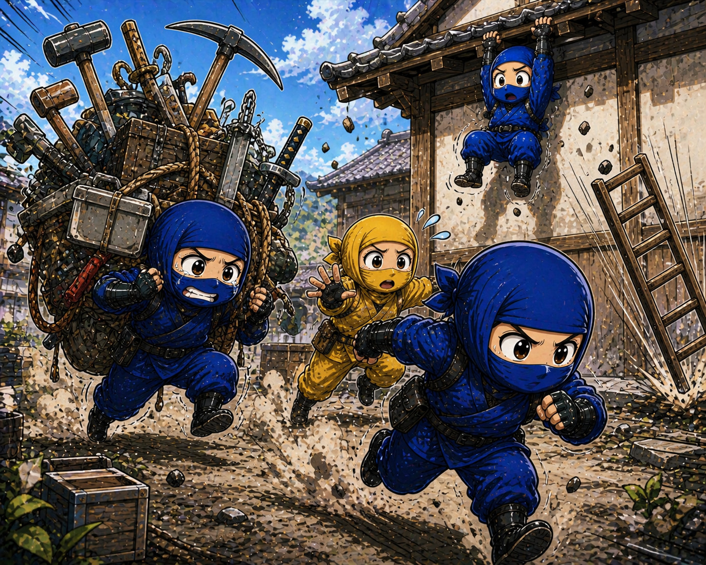 Uncoordinated incident response showing blue ninjas struggling with overloaded tasks while governance tries to intervene illustrating chaos without preparation