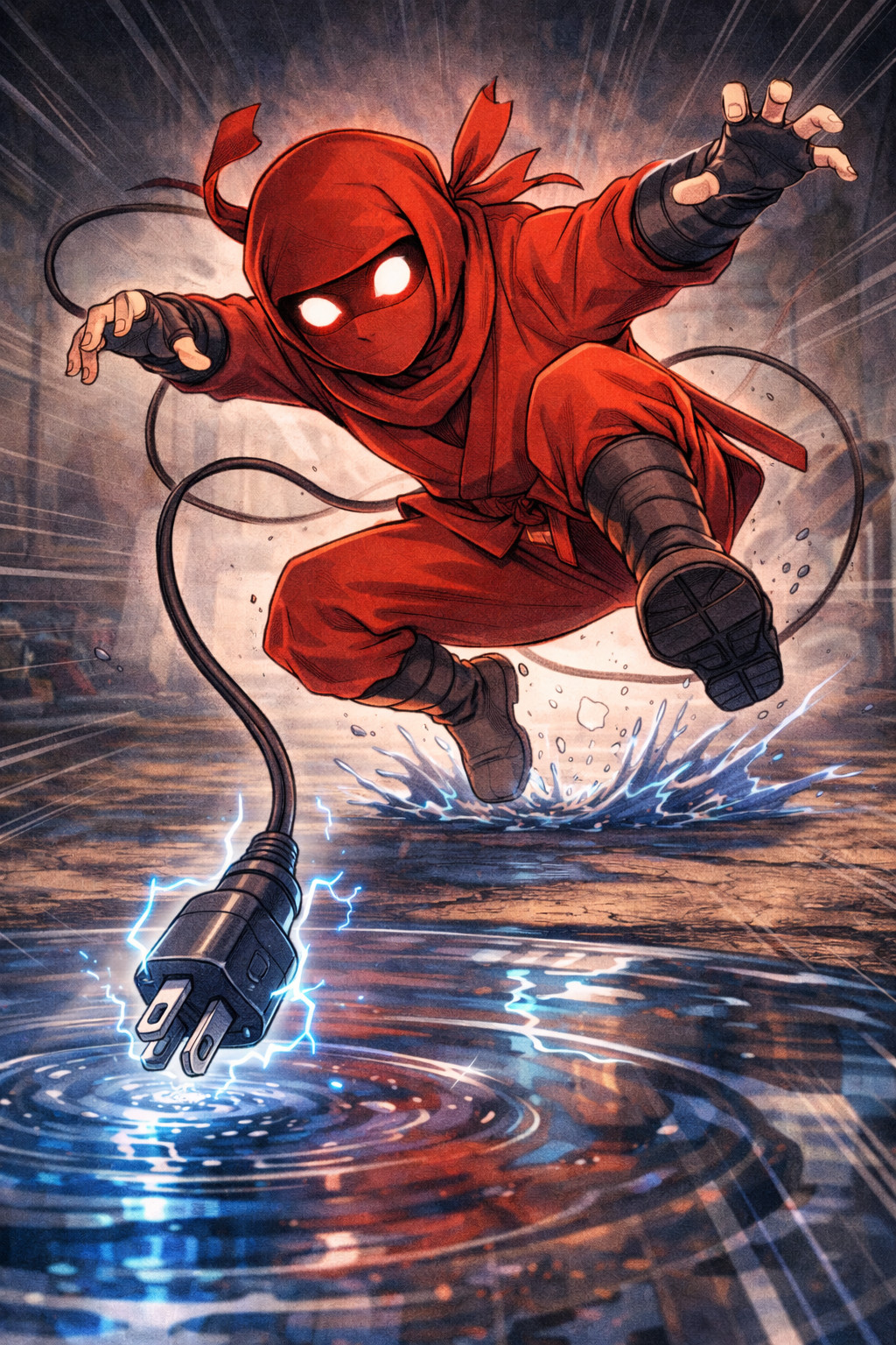 Red ninja tripping over a cable with an electrified plug falling into water, illustrating problem incident and crisis in cybersecurity