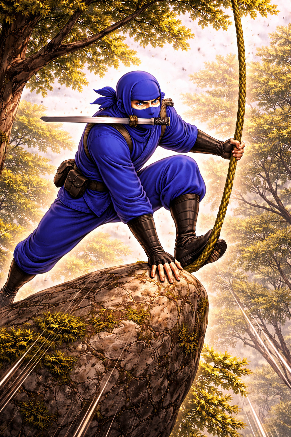 Blue ninja climbing a rock using a vine with his foot while holding a katana in his mouth, illustrating controlled progression toward an objective