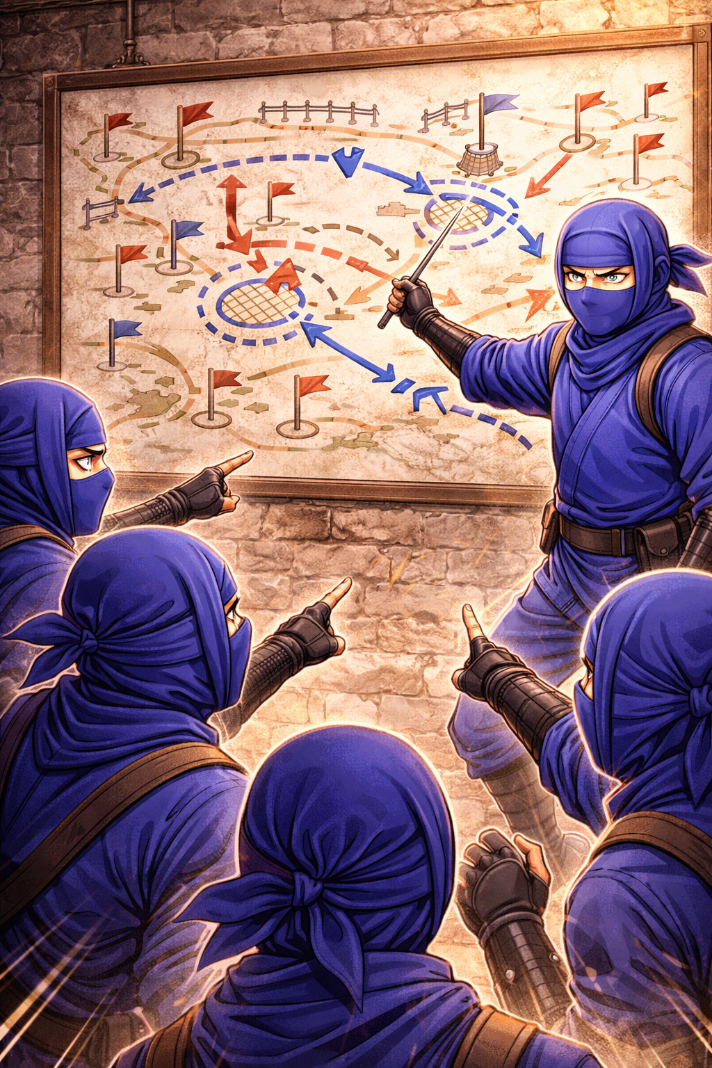 Blue ninjas discussing incident response strategy around a map illustrating playbook creation and coordinated planning
