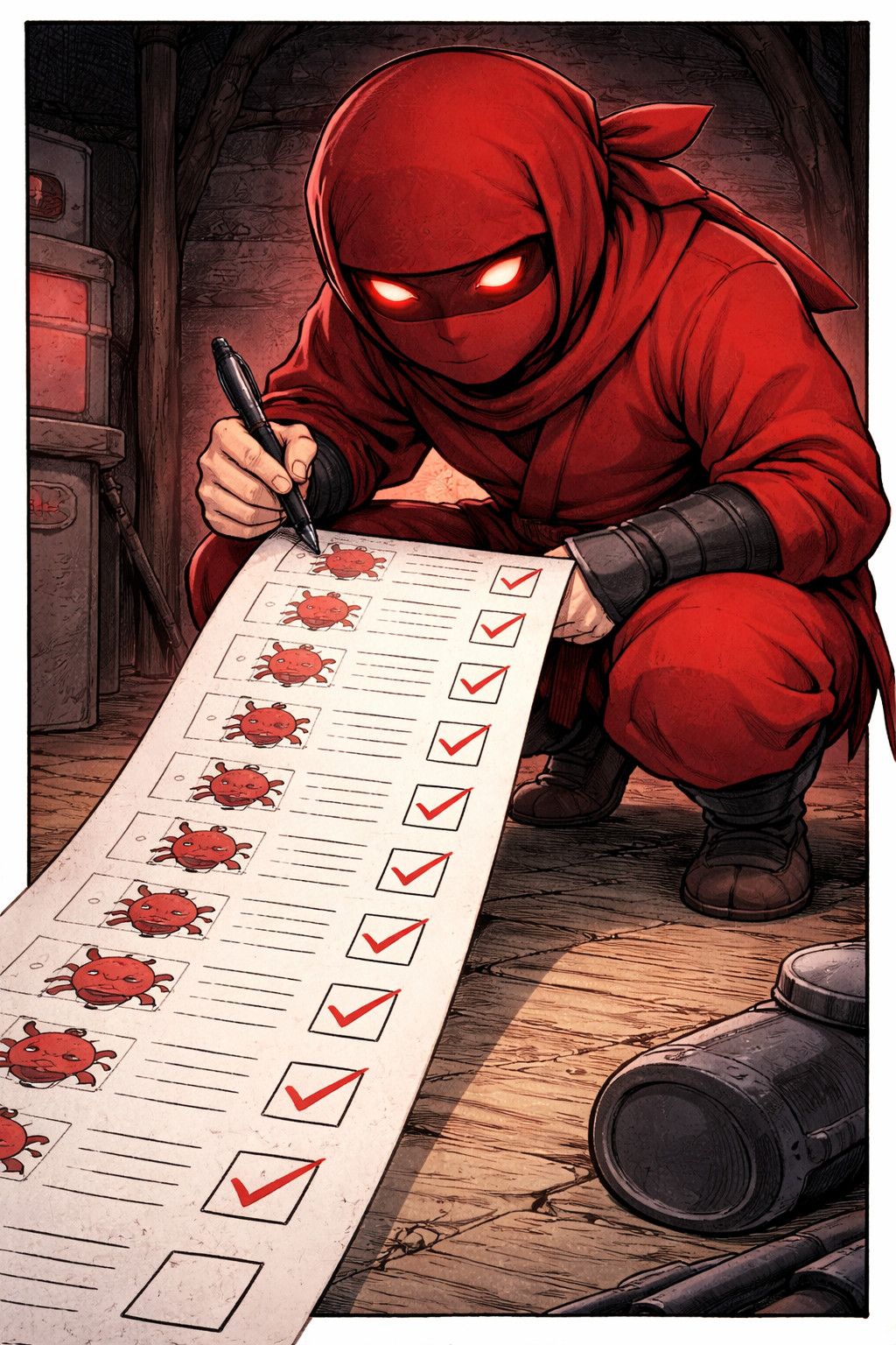 Red ninja managing malware checklist with multiple threats illustrating incident response tracking and avoiding premature remediation