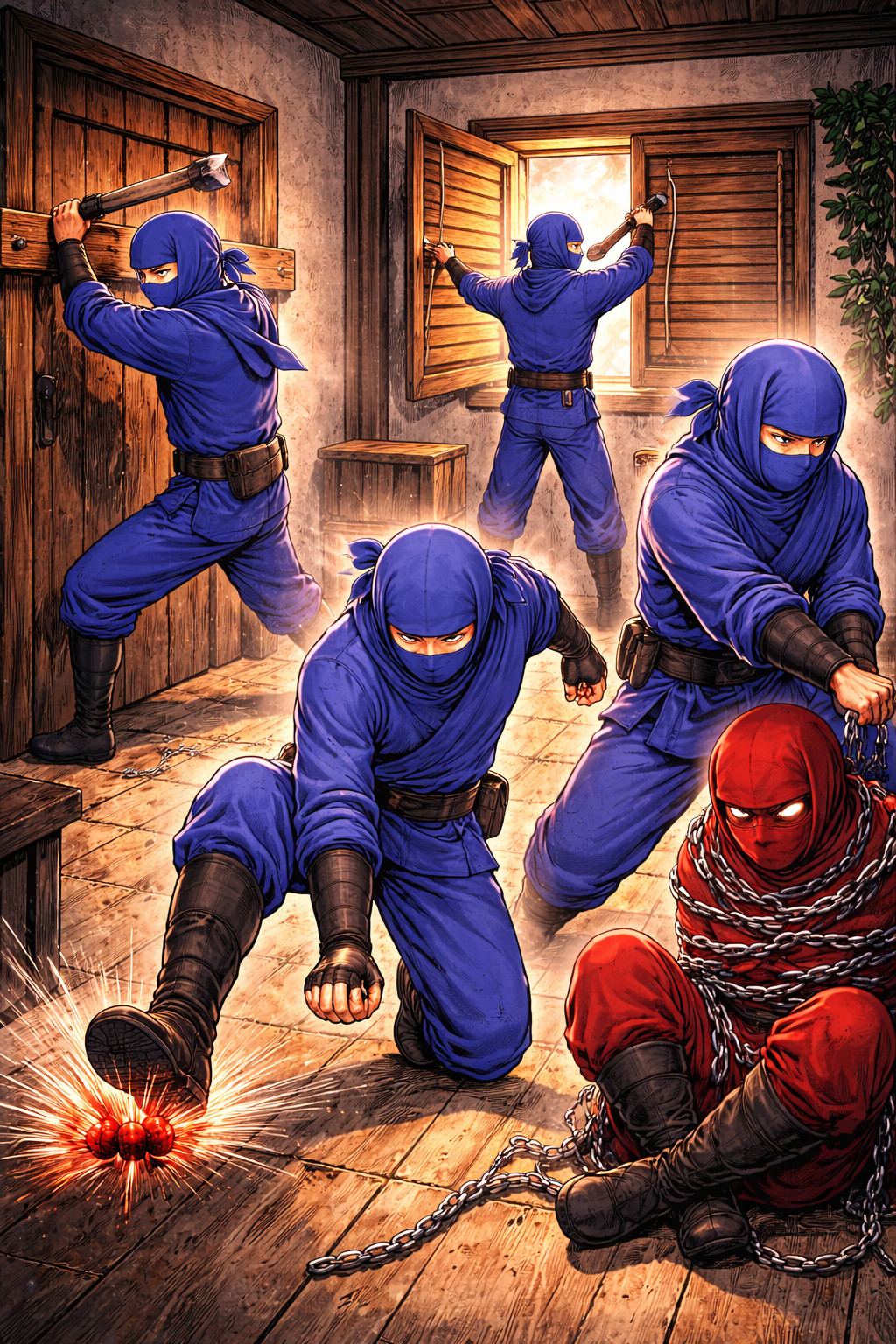 Blue ninjas containing and remediating threats by blocking access, removing malware, and securing a compromised attacker in incident response