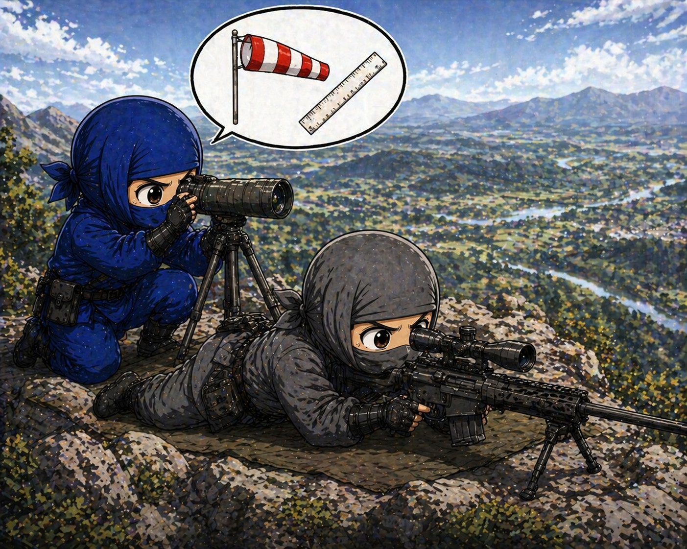 Blue ninja providing guidance with scope and measurements while gray ninja executes precise action illustrating role separation in incident response