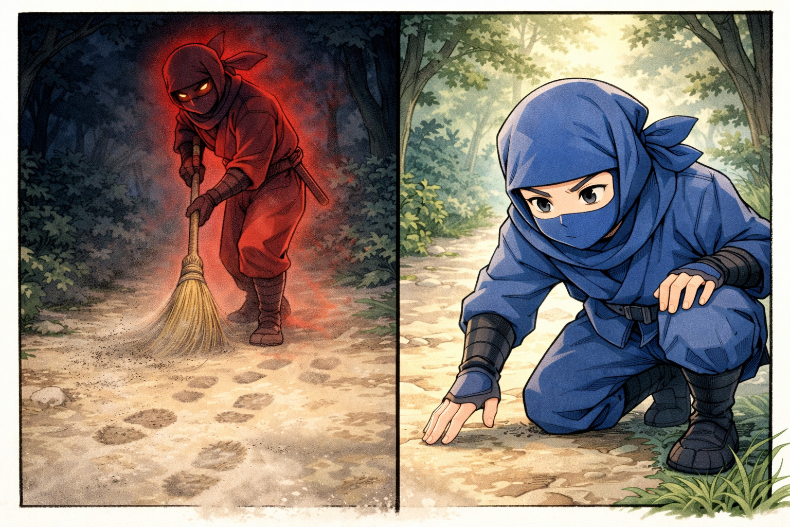 Manga blue ninja investigating erased footprints while a red stealth ninja hides traces, illustrating attacker evasion in incident response