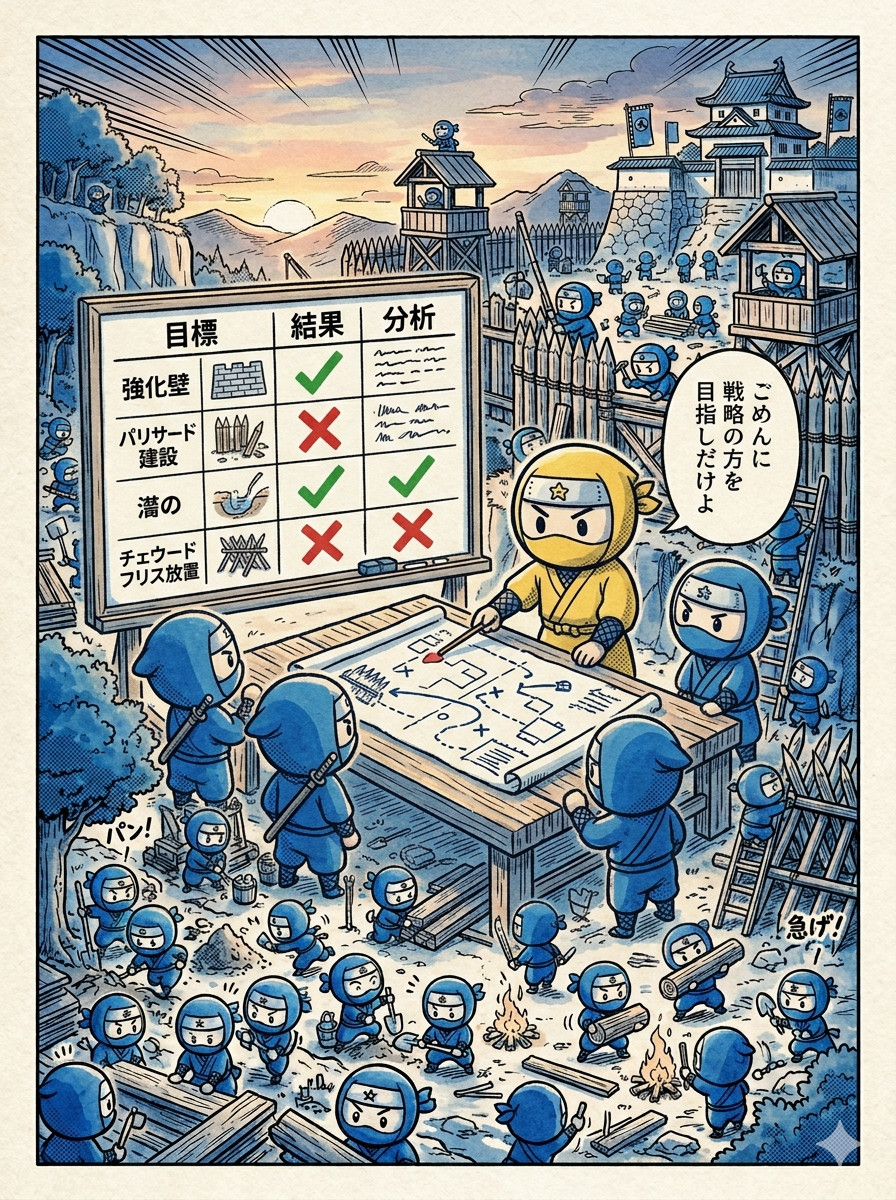 Yellow ninja reviewing defenses with blue ninjas after an attack illustrating post-incident analysis and improvement
