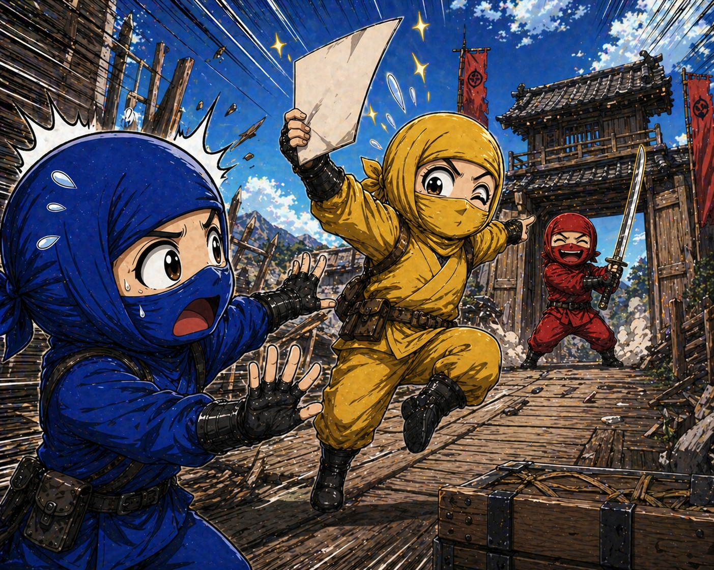 Blue ninja urgently trying to stop incident response while yellow governance ninja focuses on responsibility questions instead of operational containment allowing red attacker advantage