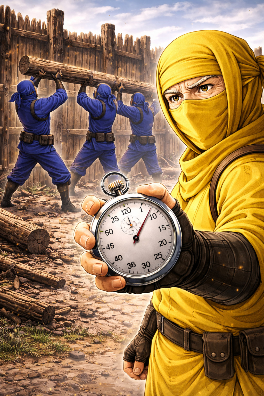 Yellow ninja measuring recovery time with a stopwatch while blue ninjas rebuild systems illustrating RTO in disaster recovery