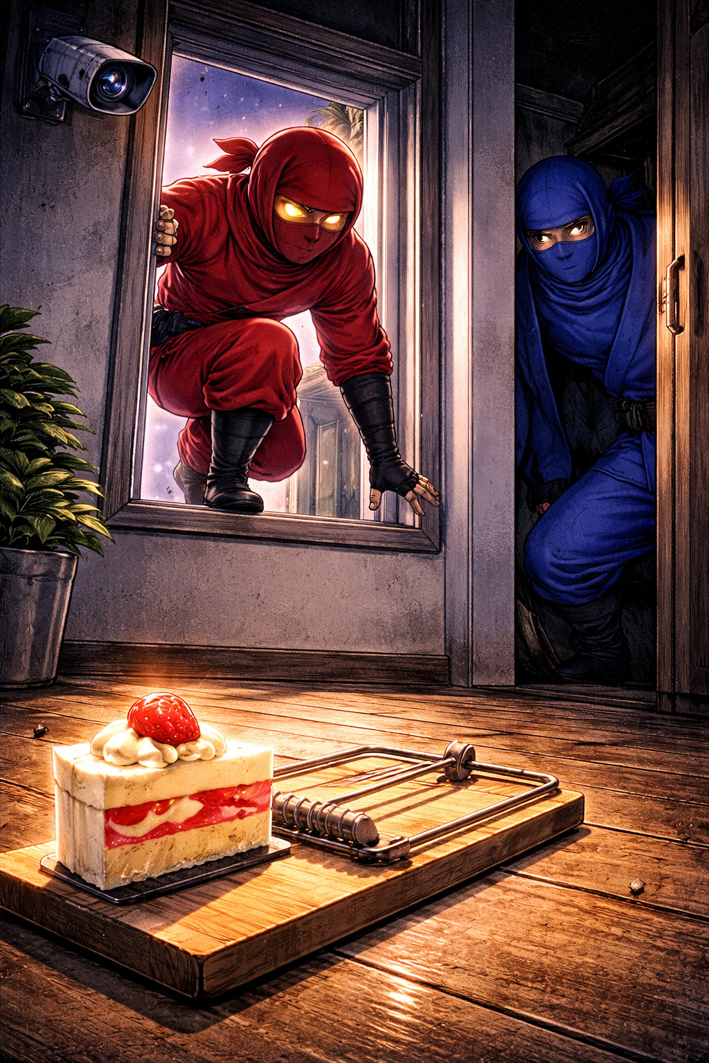 Red ninja entering a monitored trap with bait while a hidden blue ninja observes illustrating IOC detection and attacker monitoring in incident response