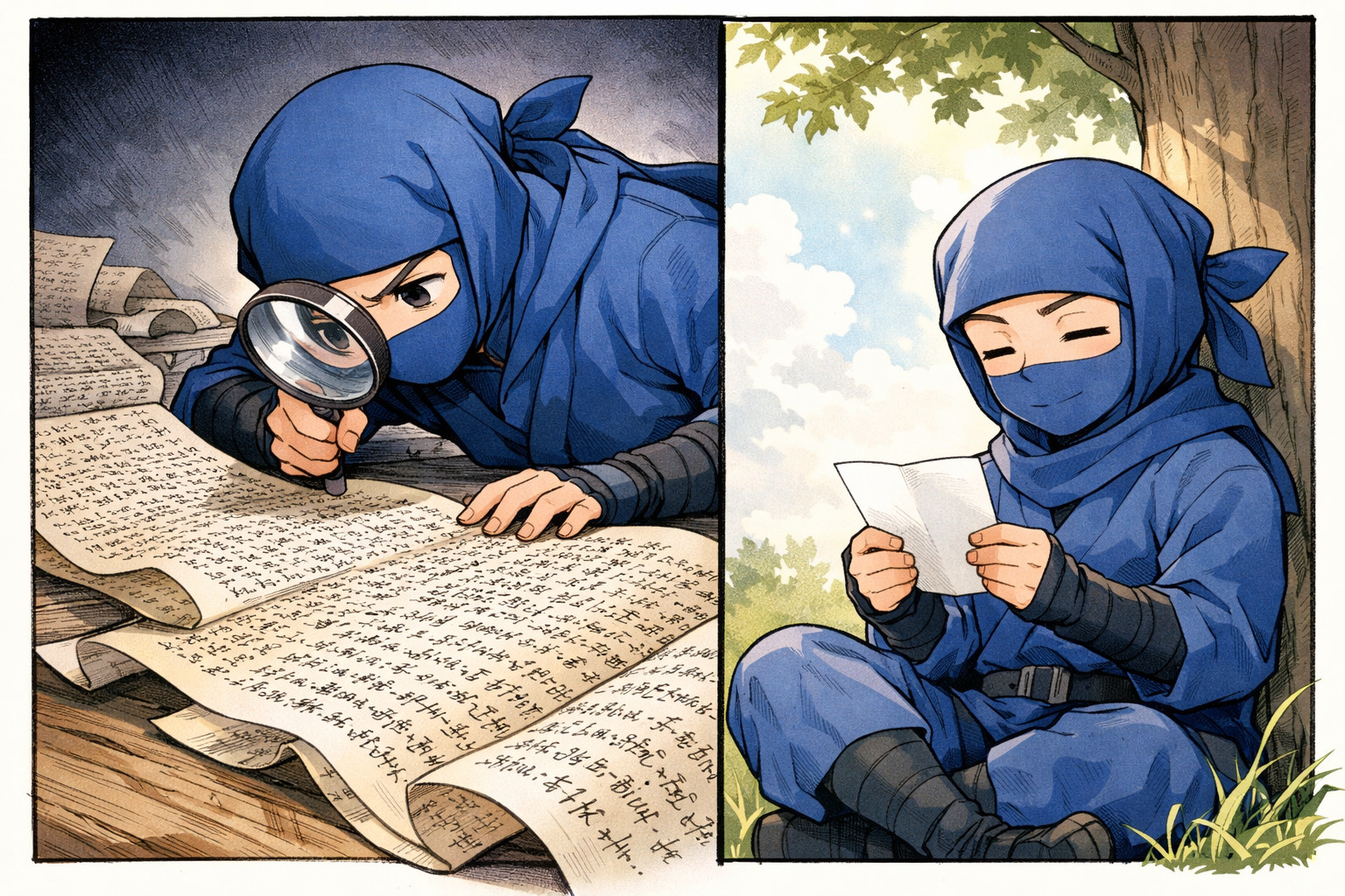 Manga illustration of a blue ninja comparing complex long data analysis versus simple targeted search in incident response