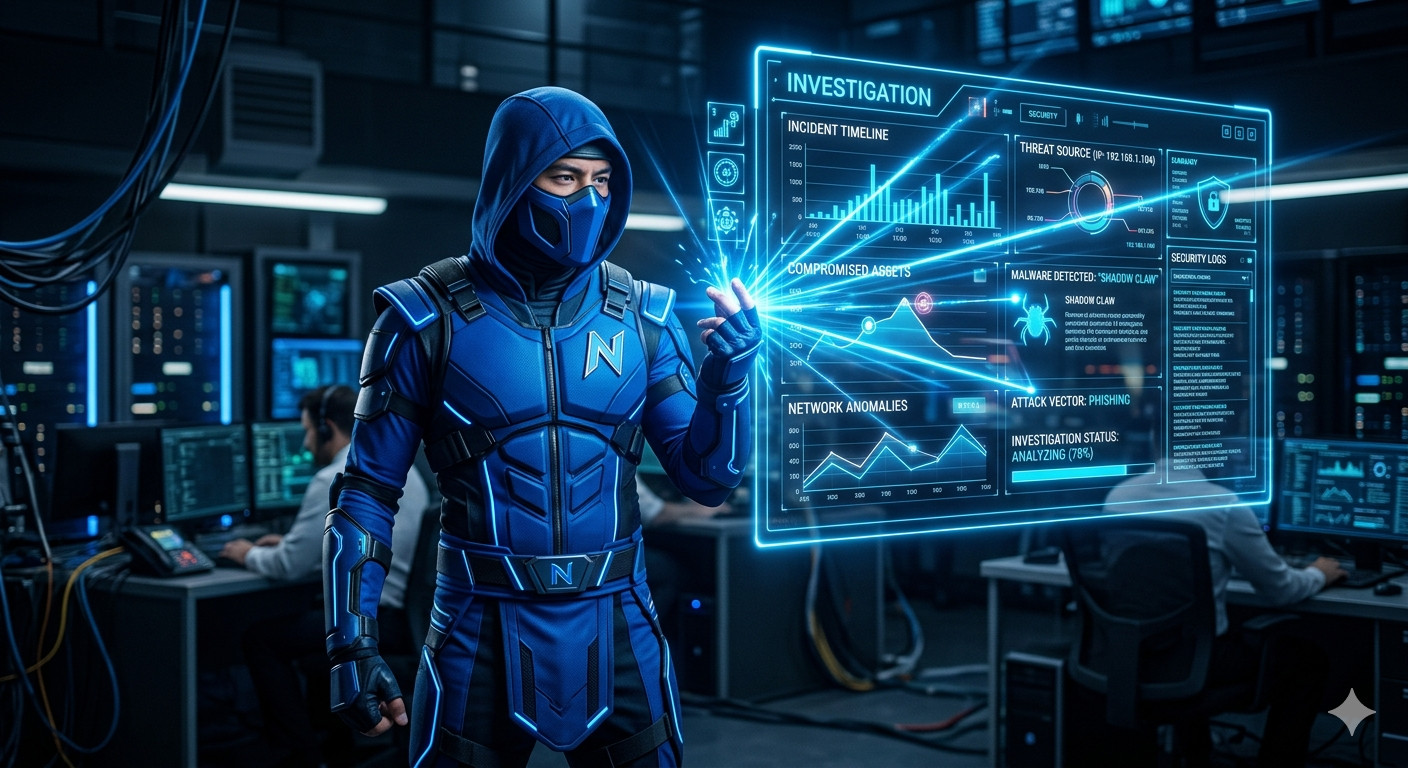Blue cyber ninja using advanced security tools to visualize incident timelines and threat intelligence on a neon HUD, representing the primary defense layer in incident response.