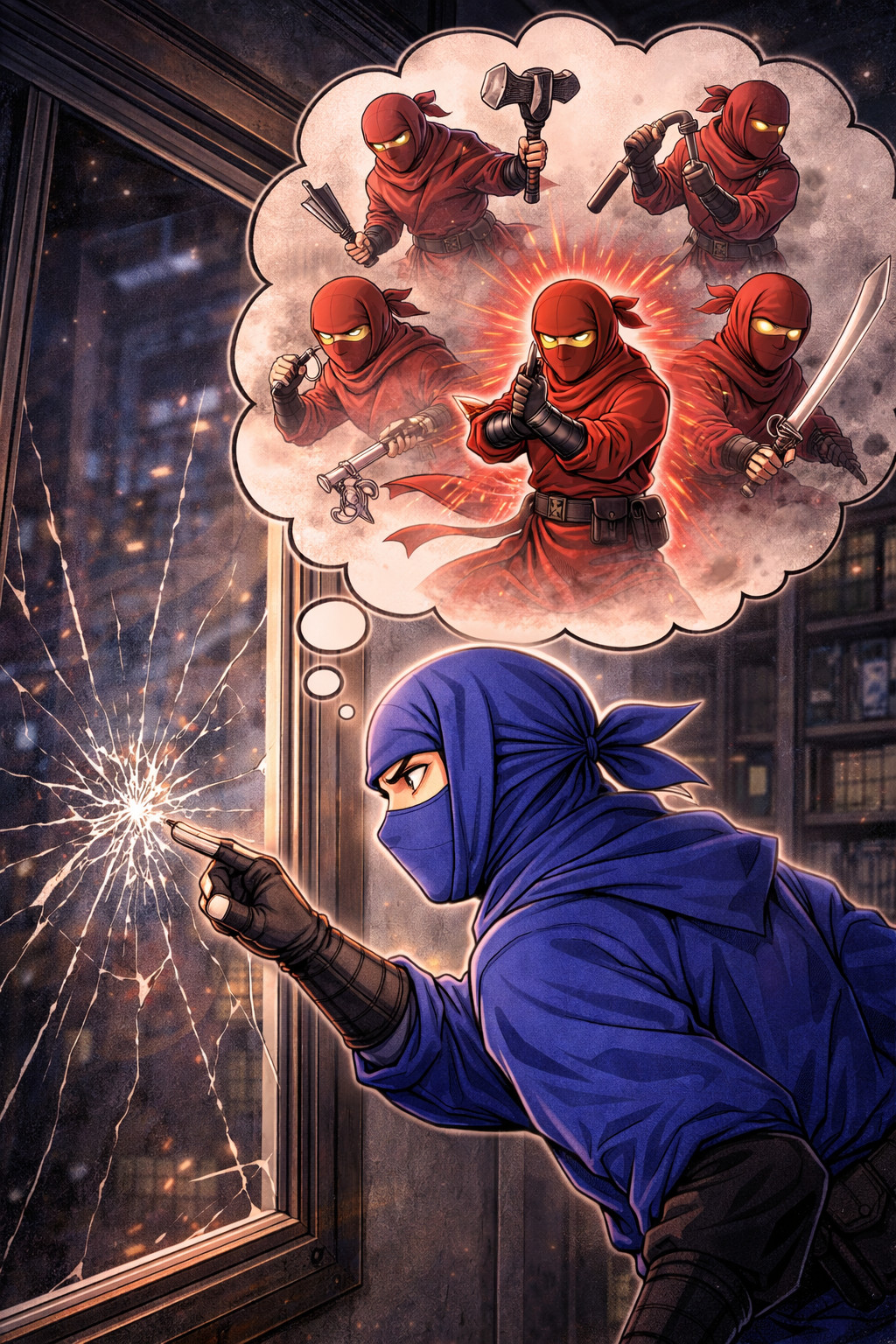 Blue ninja analyzing broken window with multiple attack hypotheses to identify red ninja weapon technique in incident response