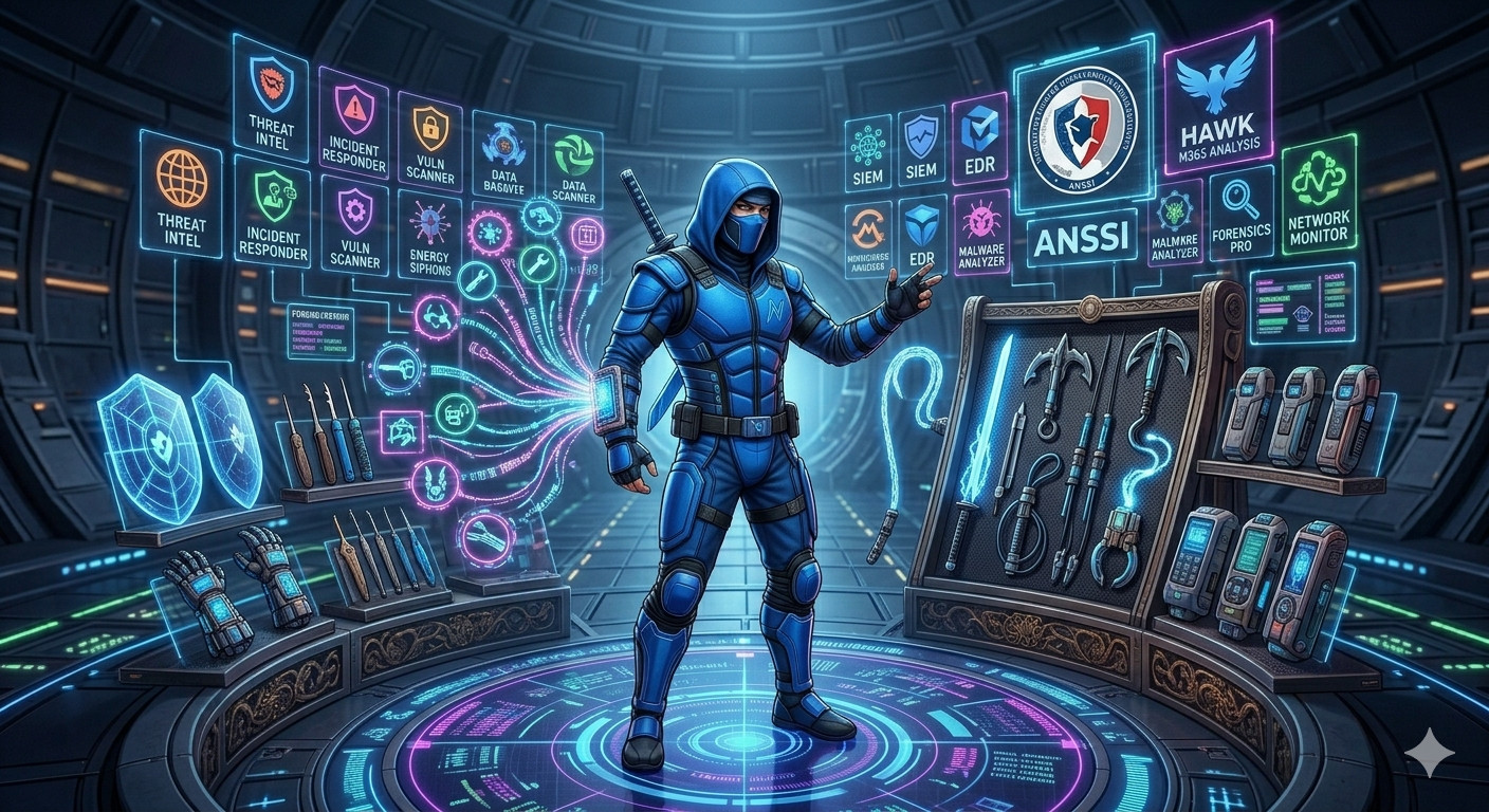 Blue cyber ninja in a high-tech armory surrounded by modular cybersecurity tools and neon icons, including ANSSI and Hawk M365 Analysis logos, symbolizing tool flexibility and versatility during incident response.