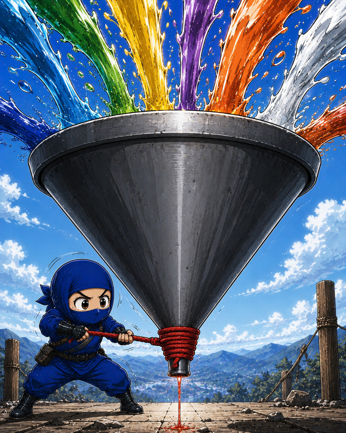Blue ninja tightening giant funnel filtering massive colorful information flows into a tiny critical red output illustrating aggressive data reduction and incident response prioritization