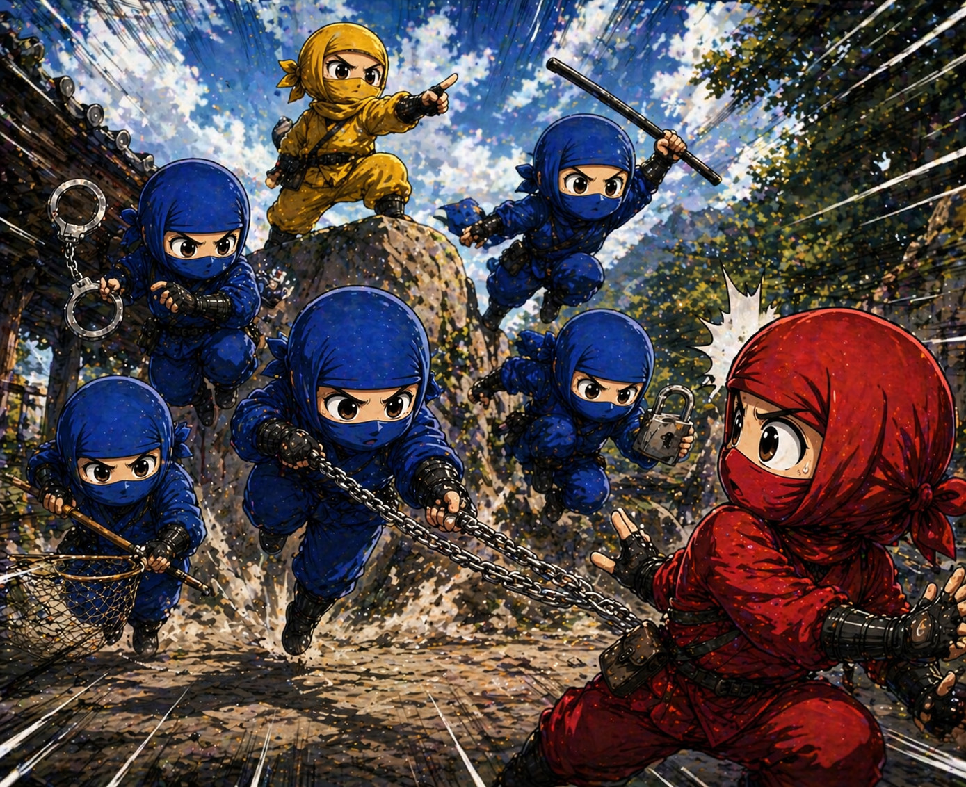 Yellow ninja directing coordinated blue ninjas toward a red attacker illustrating centralized decision making and orchestrated incident response