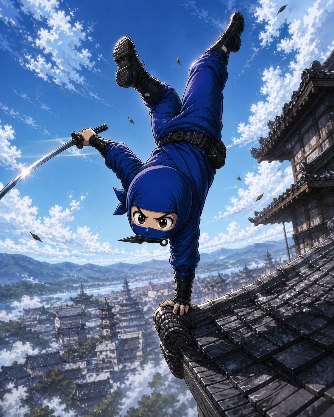 Blue ninja performing advanced one-hand rooftop acrobatics holding katana and kunai illustrating precision skill balance and controlled risk at height