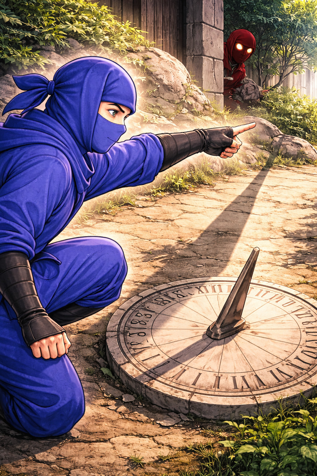 Blue ninja using sundial shadow to trace a hidden red ninja illustrating time-based pivoting in incident response