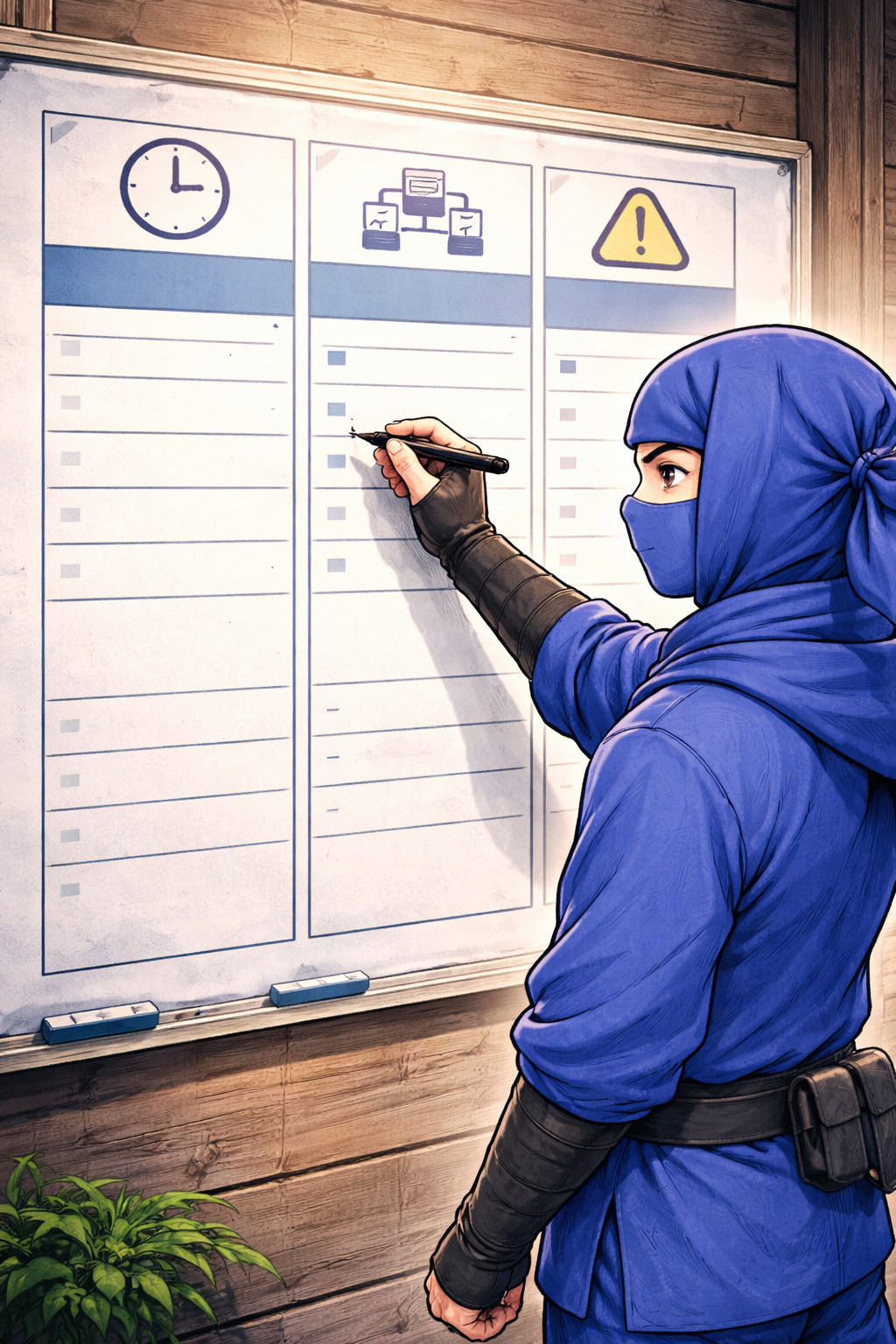 Blue ninja organizing incident response timeline with time source and alert columns on a structured board
