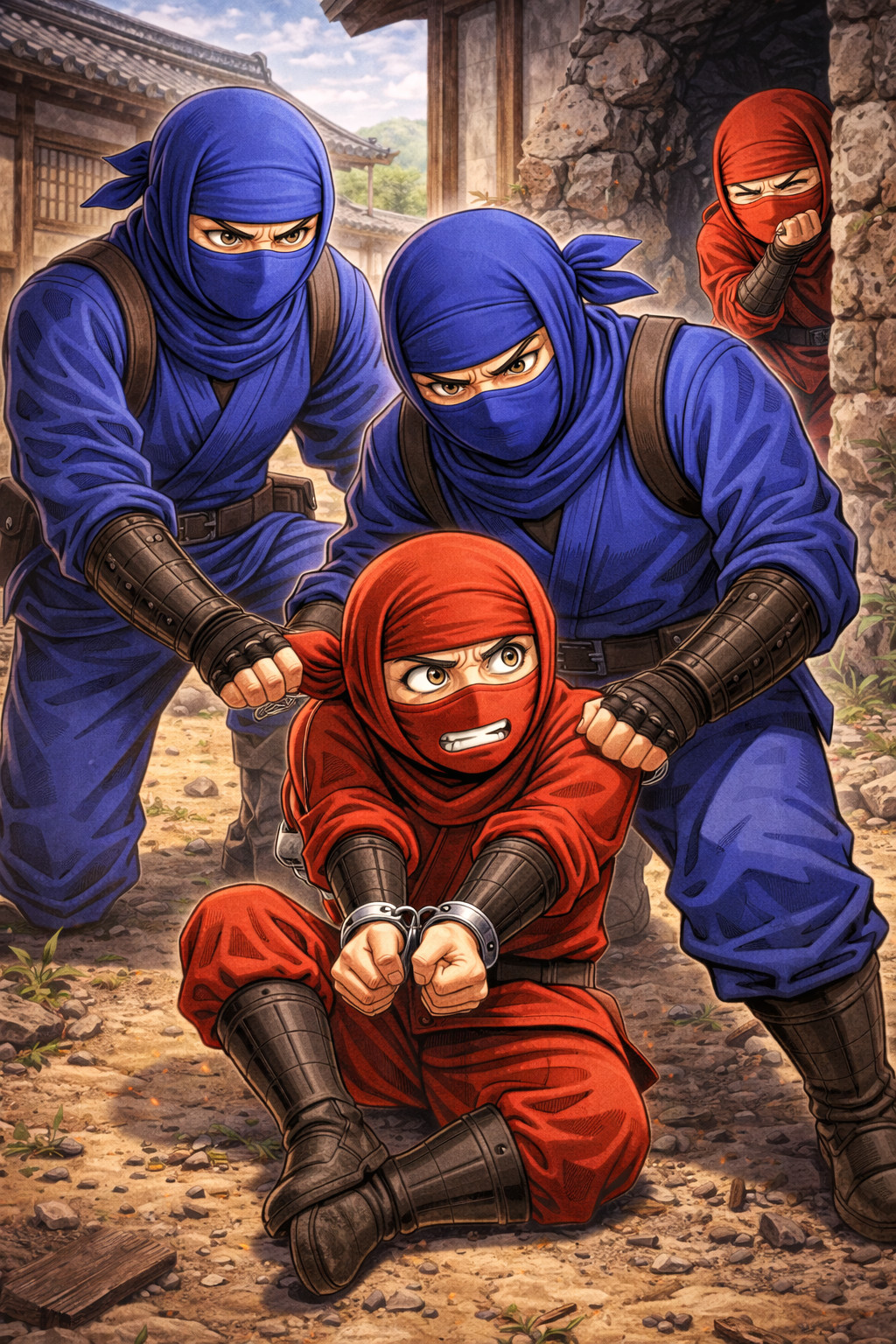 Blue ninjas arresting a red attacker while another hidden red ninja watches illustrating missed threat during incident response