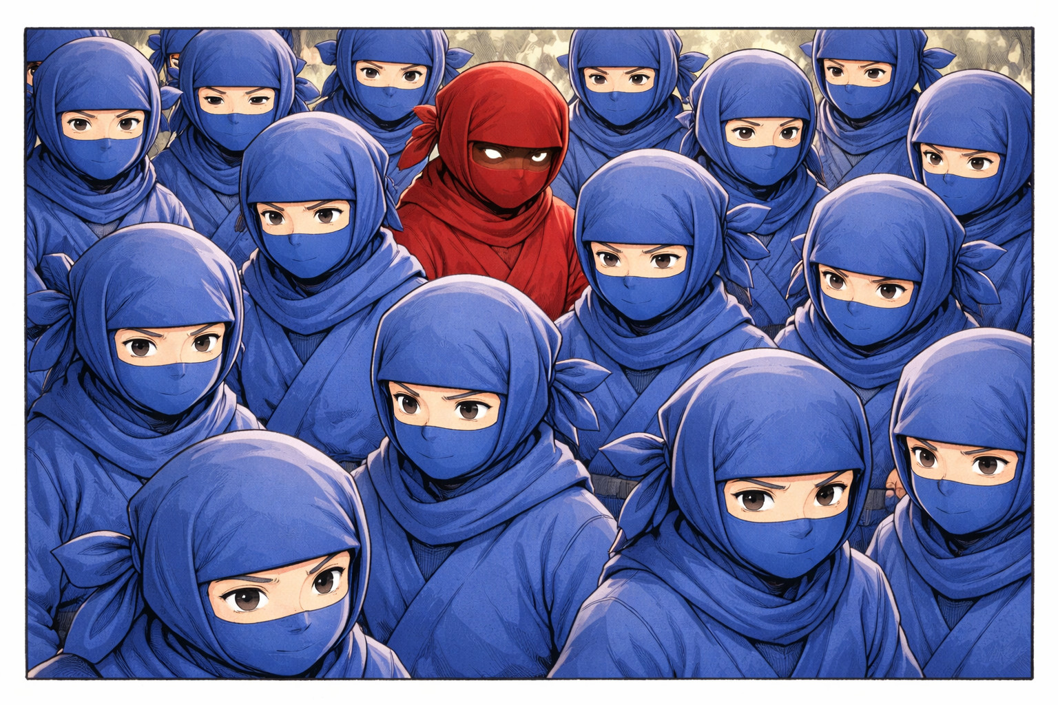 Single red ninja hidden among many blue ninjas illustrating unique suspicious event detection in incident response
